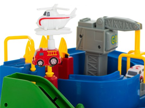 Tor przeszkód interaktywny samochodowy wyścigi parking 3 pojazdy straż radiowóz ambulans, 1 helikopter 32x32cm XXL