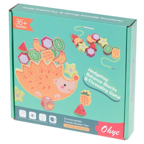 Gra zręcznościowa montessori układanka balansująca klocki drewniane jeż nawlekane owoce
