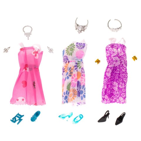 Ubranka dla lalek sukienki buciki biżuteria duży zestaw XL 34 elementy